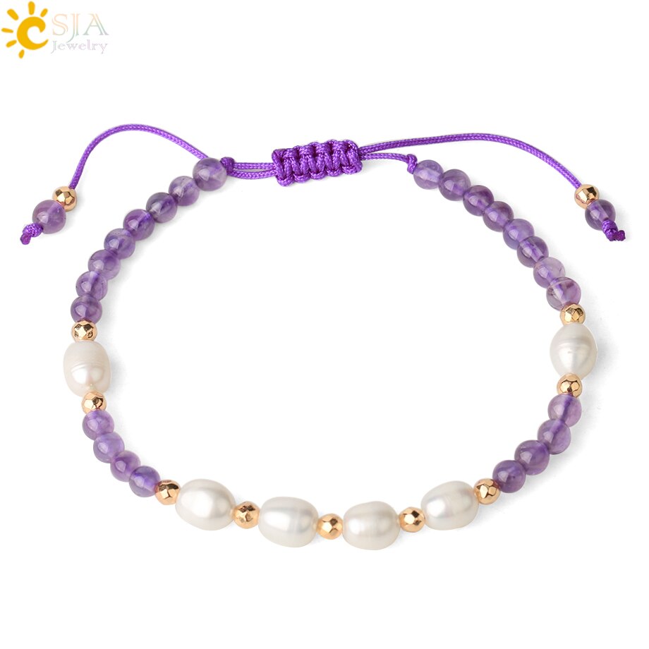 Csja Strand Armband 4 Mm Natuursteen Witte Parel Kristal Kralen Verstelbare Gevlochten Armbanden Voor Vrouwen Mannen Healing Sieraden G482: Amethyst