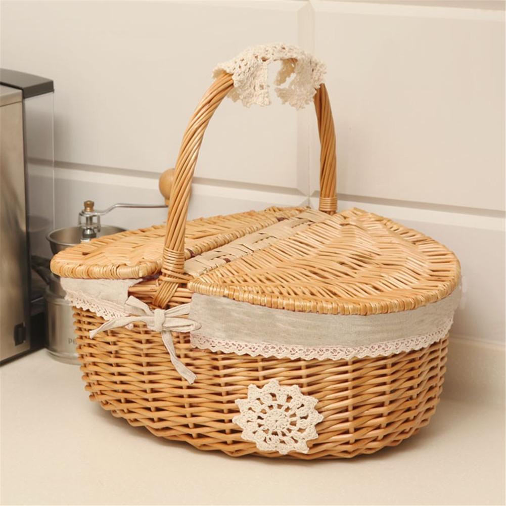 Cesta de Picnic S/L, bolsas de mimbre hechas a mano, cesto de almacenamiento de compras para Camping con tapa, cesta de comida para Picnic, cesta de almacenamiento de frutas tejida