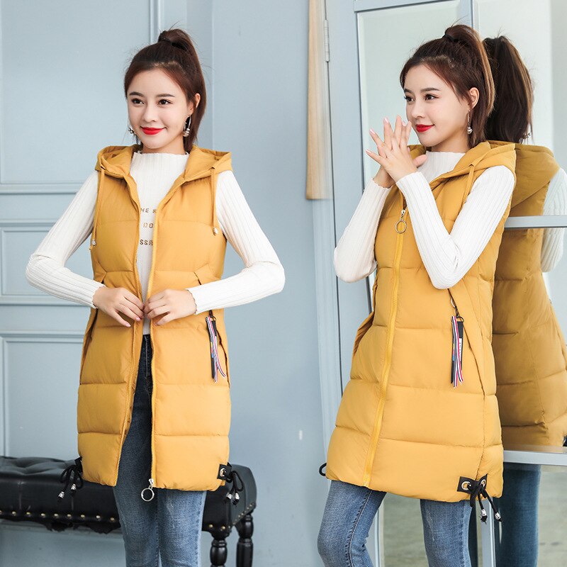 Efterår vinter hættevest kvinder vest plus størrelse lommer lynlås slanke lange veste dame colete feminino: Gul / Xl