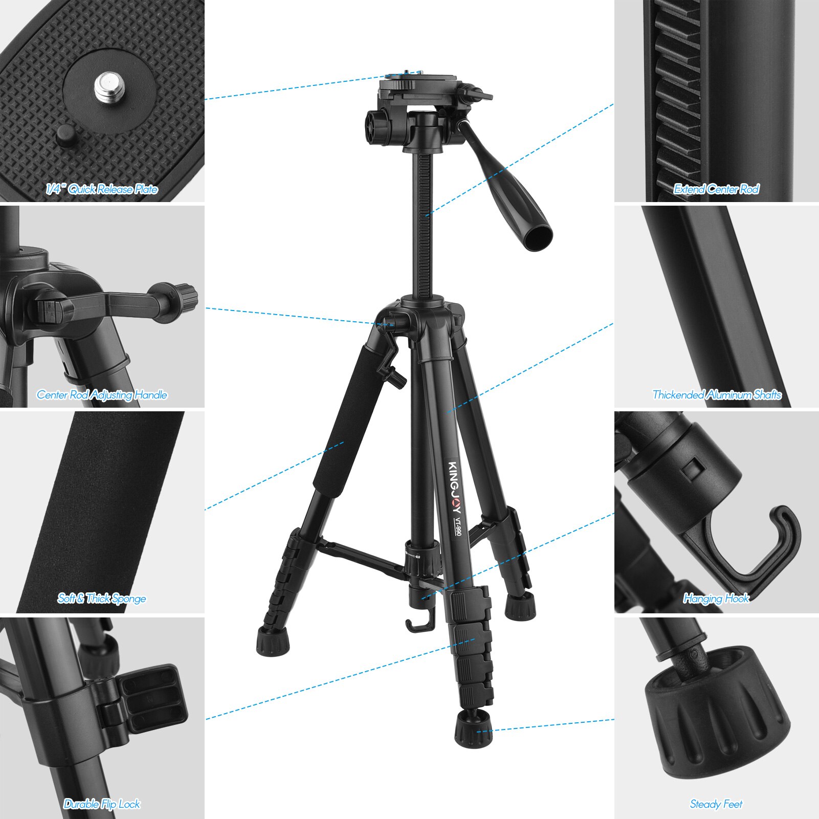 KINGJOY Height Adjustable Aluminum Tripod Stand 2~5KG Payload 5-section 168cm/66.14-inch with Universal 1/4 Interface
