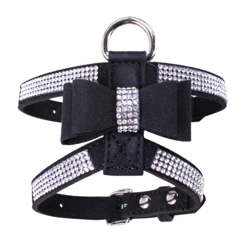 Trela de couro de veludo do chicote de fios do cão do filhote de cachorro do animal de estimação do strass de bling para o gato pequeno do filhote de cachorro chihuahua: Black / L