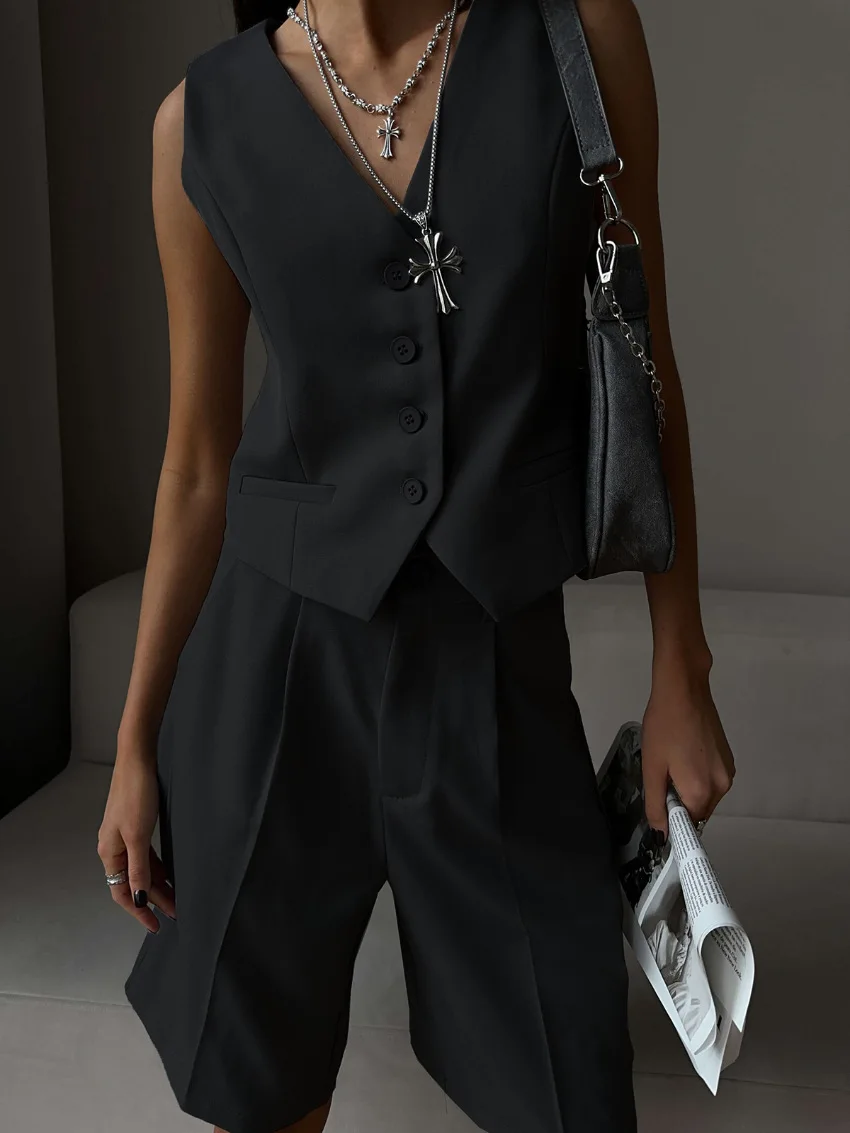 Wolfeel Verano Mujer Chic Chaleco Pantalones cortos Traje Conjunto de dos piezas Oficina Señoras Chic Conjuntos de 2 piezas Trajes para mujer