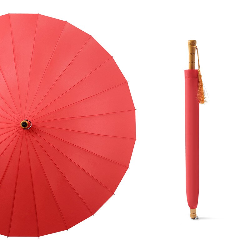 24k Lange Regenschirm Holzgriff Regenschirme Modische Frauen Doppel Großen Regenschirm Stock Winddicht: rot