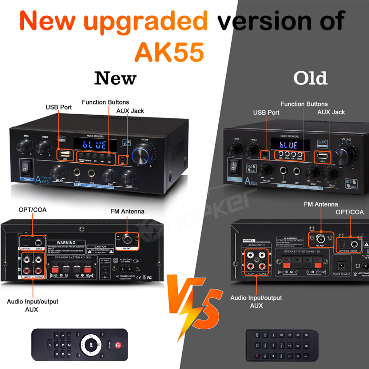 Woopker Wzmacniacz audio AK55 HiFi Stereo Channel2.0 RMS70W*2 Bluetooth 5.3 Obsługa AUX/OPT/RCA Zasilany subwoofer Wzmacniacz mocy