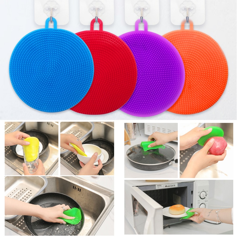 Plato de silicona lavador de esponja de frotar utensilio antibacteriano para limpieza de cocina, limpieza suave, cepillo utensilios de cocina antibacteriano