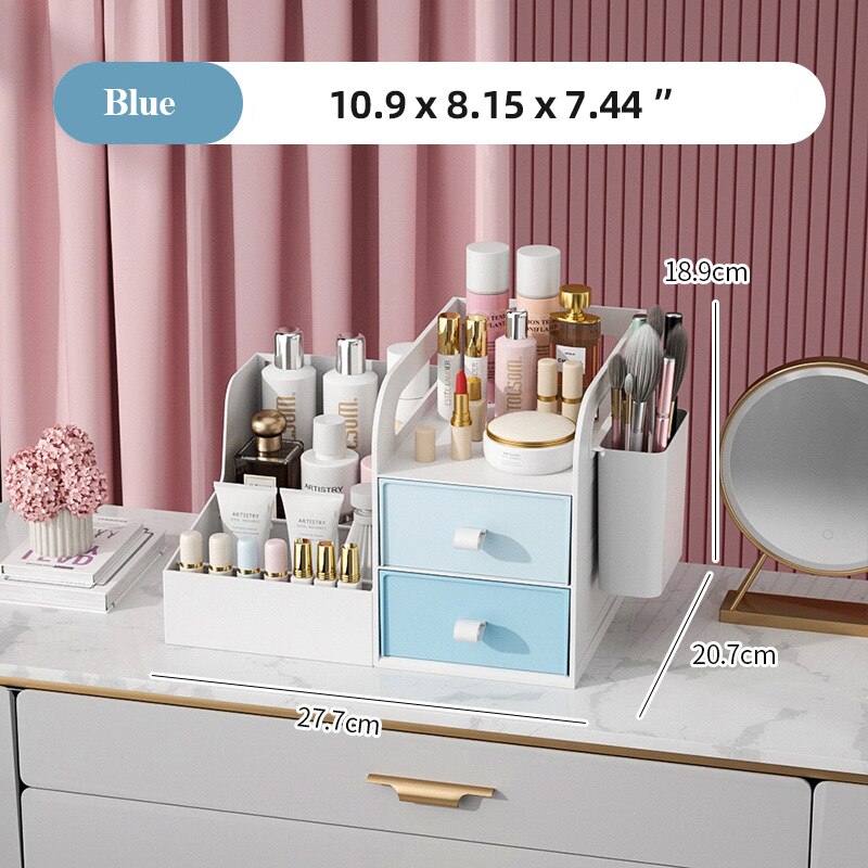 Dresser Organizer For Cosmetics Box Plastic Table Facial Makeup Dust-proof Drawer Rack Bathroom Living Room Storage Container: 1 plus 1 Blue