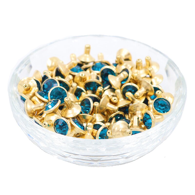 100setzt 8mm Blau Zirkon Kristall Strass Nieten Goldene Metall Basis Nieten Stunds Für Kleidung Tasche Leder Niet