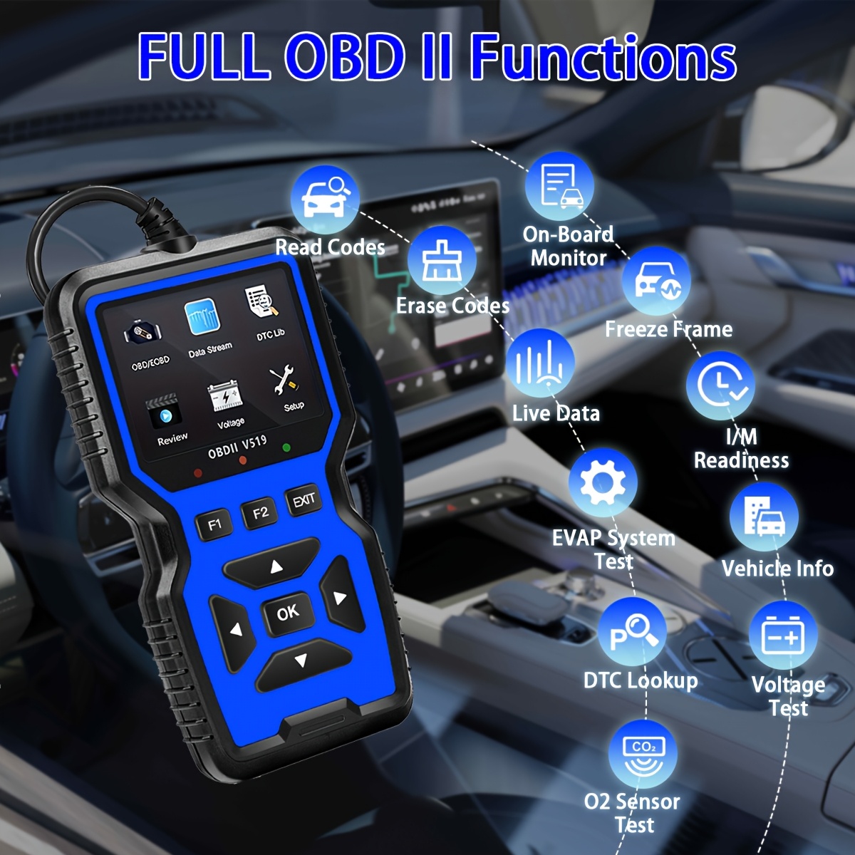 V519 OBD2-Scanner – tragbarer Fahrzeuginspektions- und Fehlerdiagnosetester mit Live-Daten, Batterietest und mehr – USB-betrieben: Blau