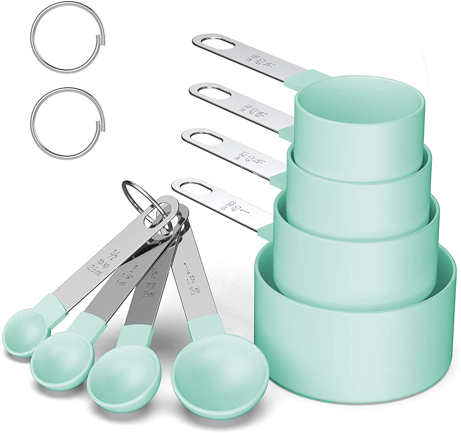 8 Pieces Plastic Measuring Cups and Spoons Set, Measure Cups with Stainless Steel Handle for Dry or Liquid Ingredient: Green Full Set (8pc)