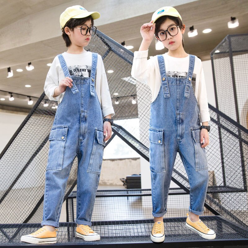 Blauwe Denim Overalls Jongens Werk Cargo Broek School Chic Multi-Pocket Bib Broek Jumpsuit Overalls Voor Grote Jongens 6-14 Jaar