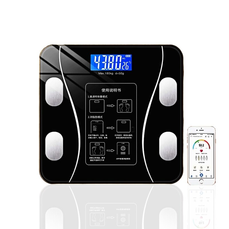 Electronic Scale Bluetooth Smart Weight Scale Human Health Analyzer High Strength Tempered Glass Kitchen Scale Bathroom Scale: Black