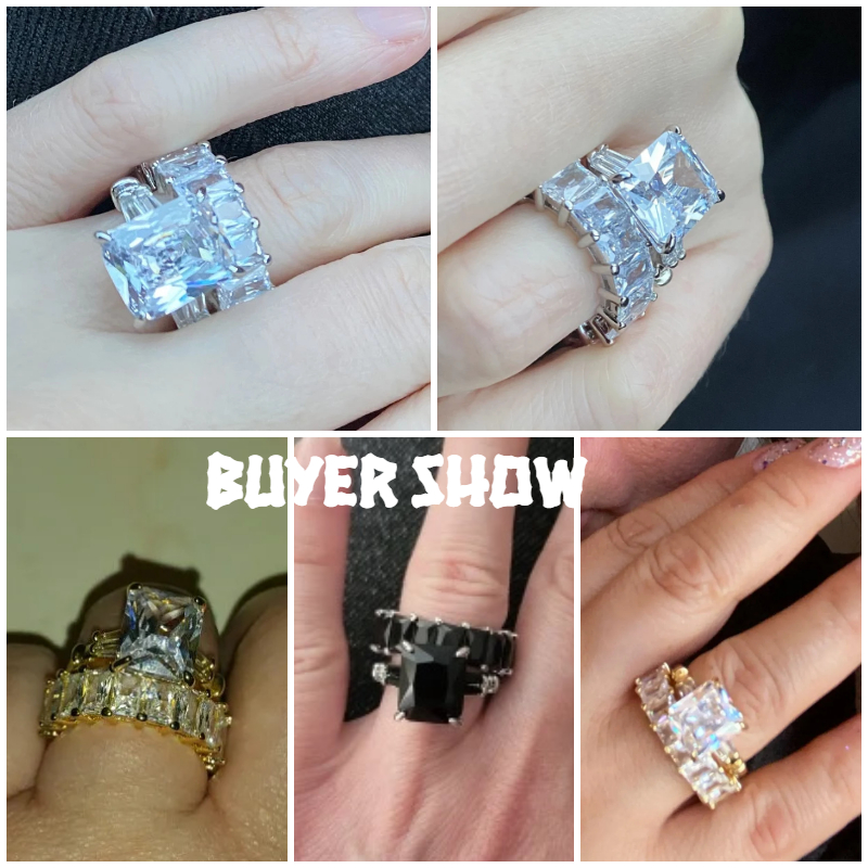 Huitan Luxe Trendy Vierkante Zirconia Promise Ringen Voor Vrouwen 2 Stuks Set Zilver Kleur/Goud Kleur Trouwringen Sieraden