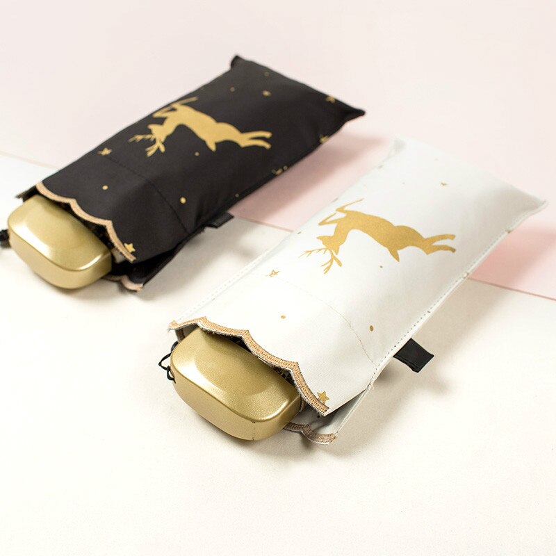 Mini Rosa Tasche Regenschirm Frauen Uv Kleinen Regenschirm Hirsch Druck Sonne Regen Damen Schwarz Beschichtung Fünf-Falten Bumbershoot