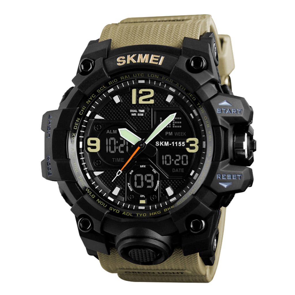 50M Waterdichte Heren Sport Digitale Horloge Analoge Digitale Horloge Met Dual Time Display El Backlight Chrono Alarm: Khaki