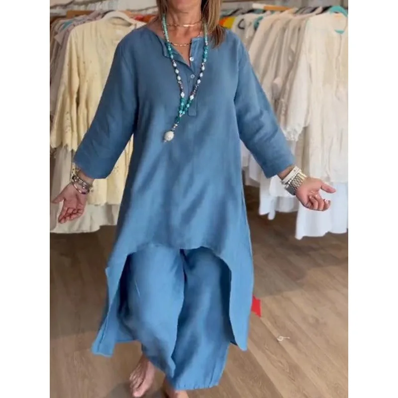 Dameklærsett med s 2 deler, bomull og lin, dress, avslappet, lang skjorte, bluse, topp og vide bukser, ensfarget: Xl / Blå