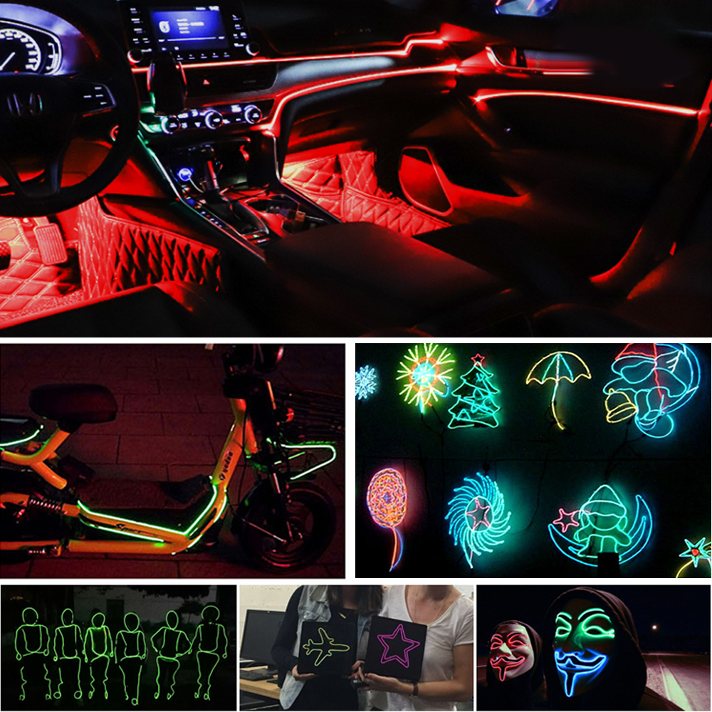 Luces Led decorativas para Interior de coche, tira de neón con cableado EL, luz ambiental Flexible automática, USB, accesorio de lámpara de ambiente para