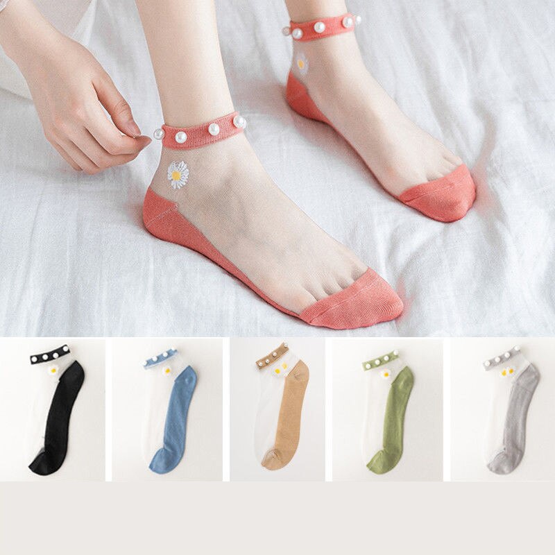 AECU 5 Pair Breathable Ankle Socks Pearl Summer Women Transparent Lace Silk Flower Cute Girls Elastic Short Socks Female Sox: 2-5pcs