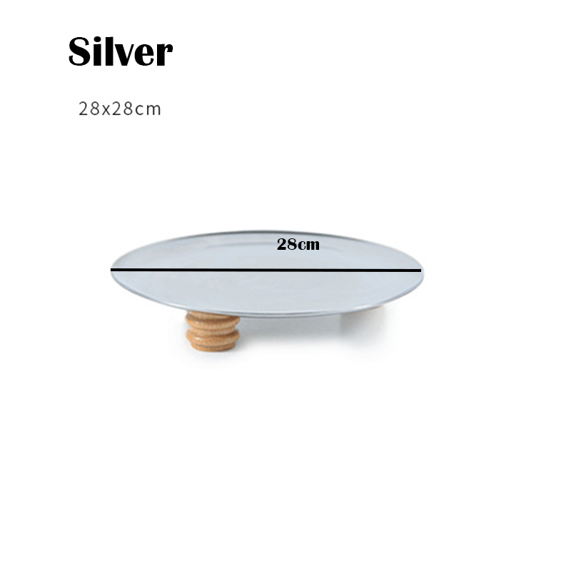 Bandeja de almacenamiento de hierro, soporte de exhibición de placa decorativa de pies altos de madera, bandejas decorativas de joyería, sala de estar, cocina, almacenamiento: Silver round