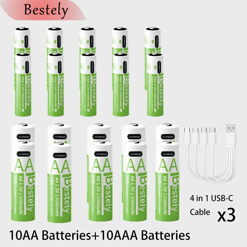 Li-ion AAA- en AA-oplaadbare batterijen USB Lithium-ion 13600mAh 1,5V AA oplaadbare batterijen + 6800mAh 1,5V AAA-batterij: Roze