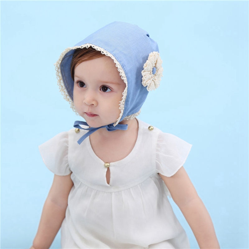 Bnaturalwell Baby Bonnet Chambray Sewing Pattern Toddler Blue Denim Bonnet Baby girl Sun Hat with flower Toddler Spring Hat H056