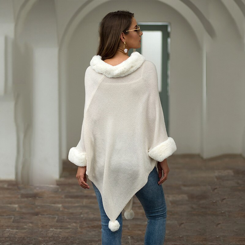 Quevoon dame poncho kunstig pelskrage damekappe lange strikkegensere falle shaggy kawaii genser streetwear