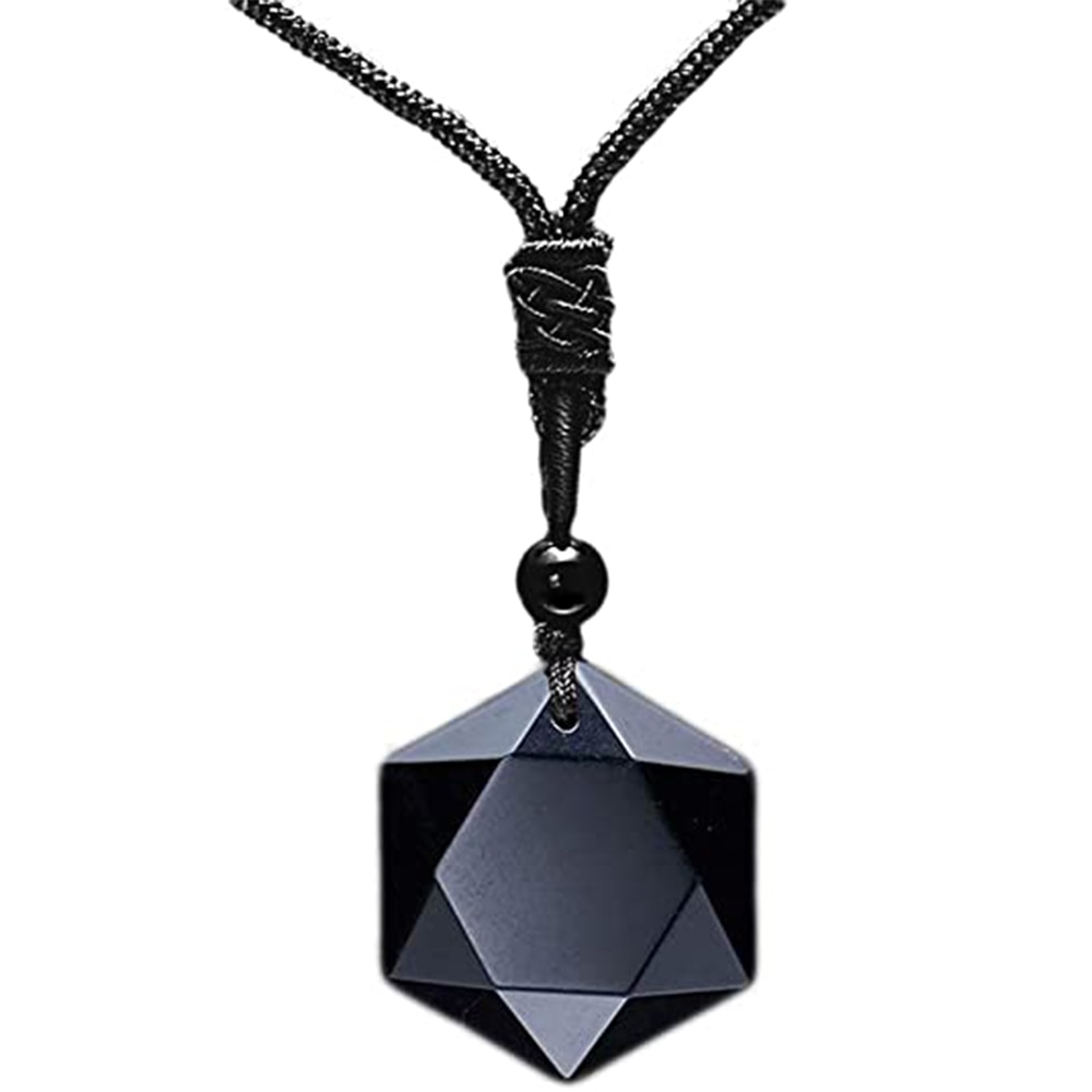 Schwarz Obsidian Hexagramm Natürliche Stein Halskette Transluzenten Eis Obsidian Wolf Zahn Amulett und Ihn Paare Halskette: 1-Schwarz Seil