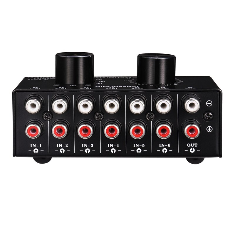 6 Input 1 Output Switcher Audio Source Selection Switcher RCA Audio Input Signal Selector Switch with Volume Adjustment and Manu