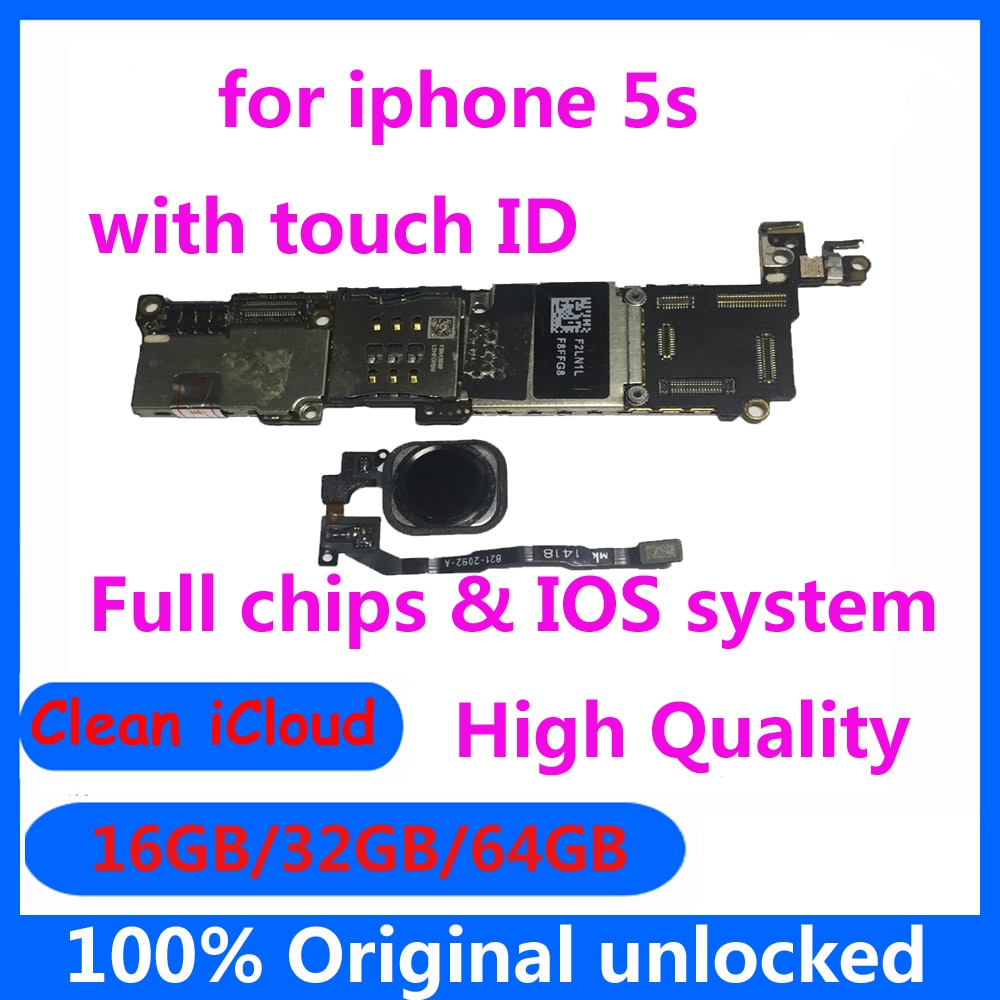 Clean icloud Unlocked 16GB 32GB 64GB Motherboard for iphone 5s with / without touch ID for iphone 5s mainboard