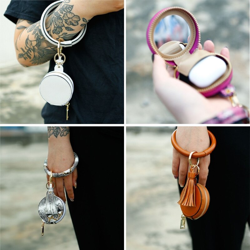 Vrouwen Oordopjes Sleutelhanger Armband Tas Lederen Polsbandje Cirkel Sleutelhanger Bangle Koptelefoon Kwastje Mini Portemonnee Met Make-Up Spiegel