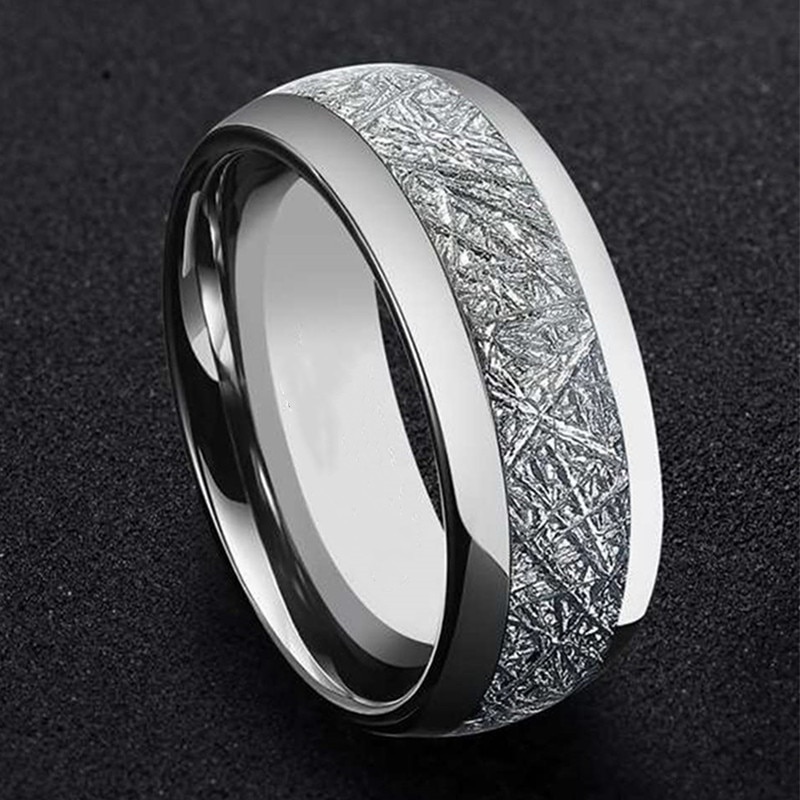 FDLK Männer 8mm Silber Farbe Edelstahl Ring Vintage Meteoriten Muster Hochzeit Engagement Band Gewölbtem Komfort Fit