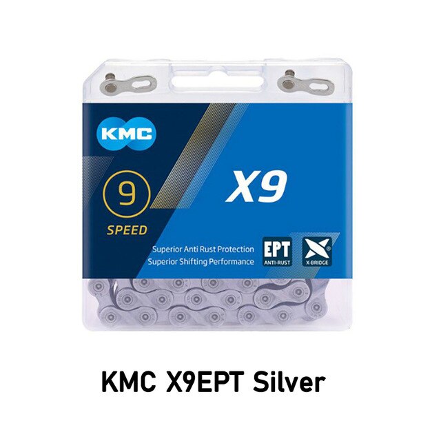 Kmc  x8 x9 x9sl x10 x10sl x11sl x12 cykelkæde 9s 10s 11s guld til mtb/landevejscykel til shimano/sram 8 9 10 11 speed 116l / kæde: Kmc  x9 ept sølv