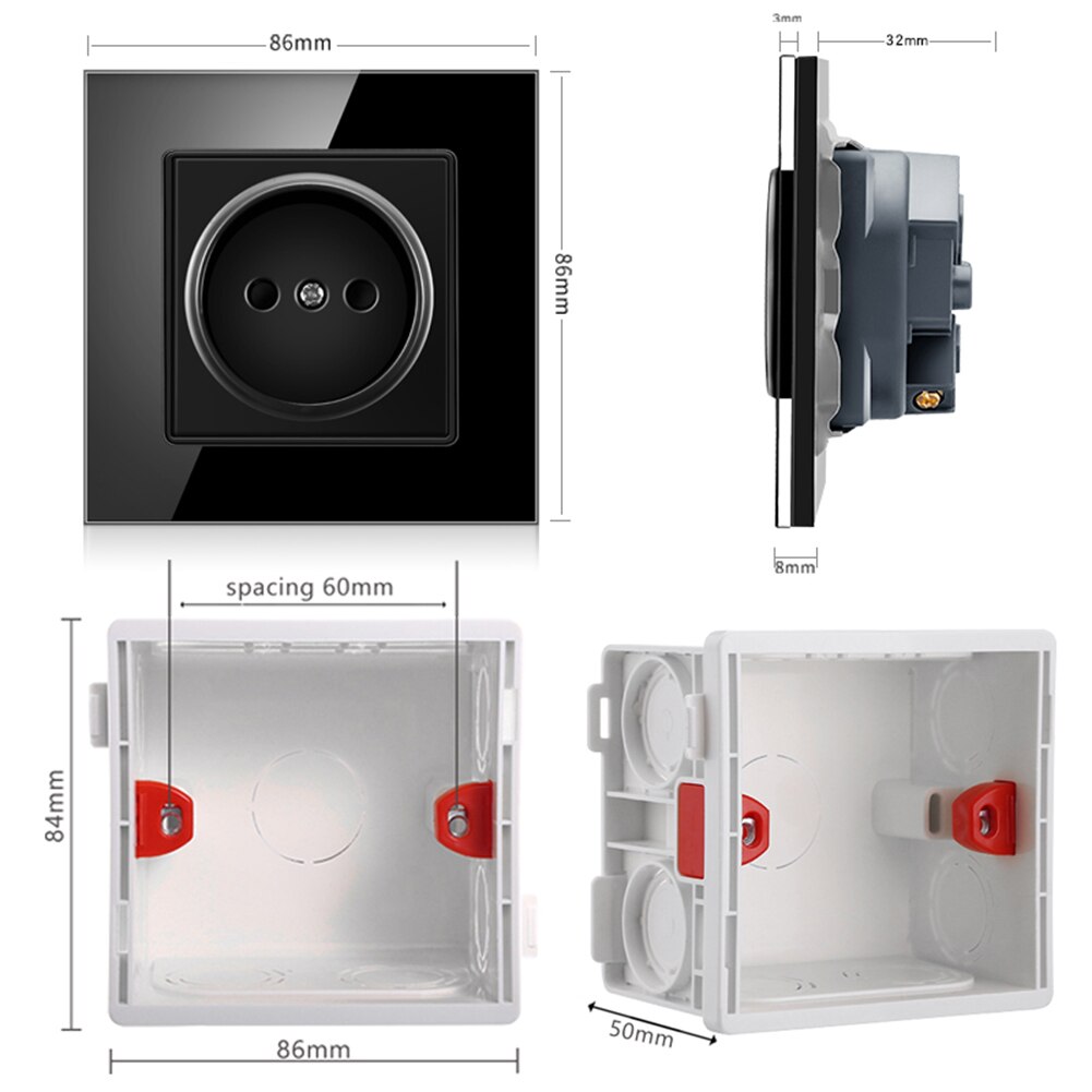 Single Power Socket Crystal Glass Panel 16A EU Standard Power Electrical Outlet for Home Electrical Supplies