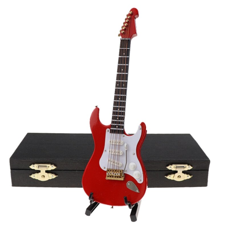 Houten Miniatuur Elektrische Gitaar Met Stand En Case Mini Muziekinstrument Miniatuur Poppenhuis Model 14Cm: red