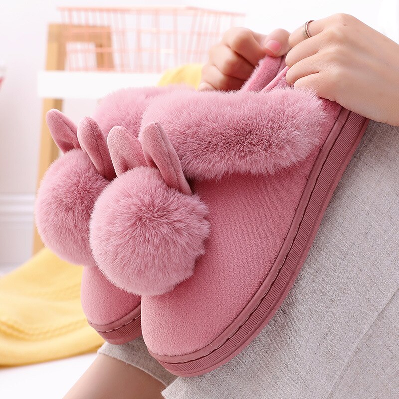 Rabbit Fur Slippers Women Winter Warmth Thickened Sole Indoor Wooden Floor Soft Home Slippers Cotton Shoes Women