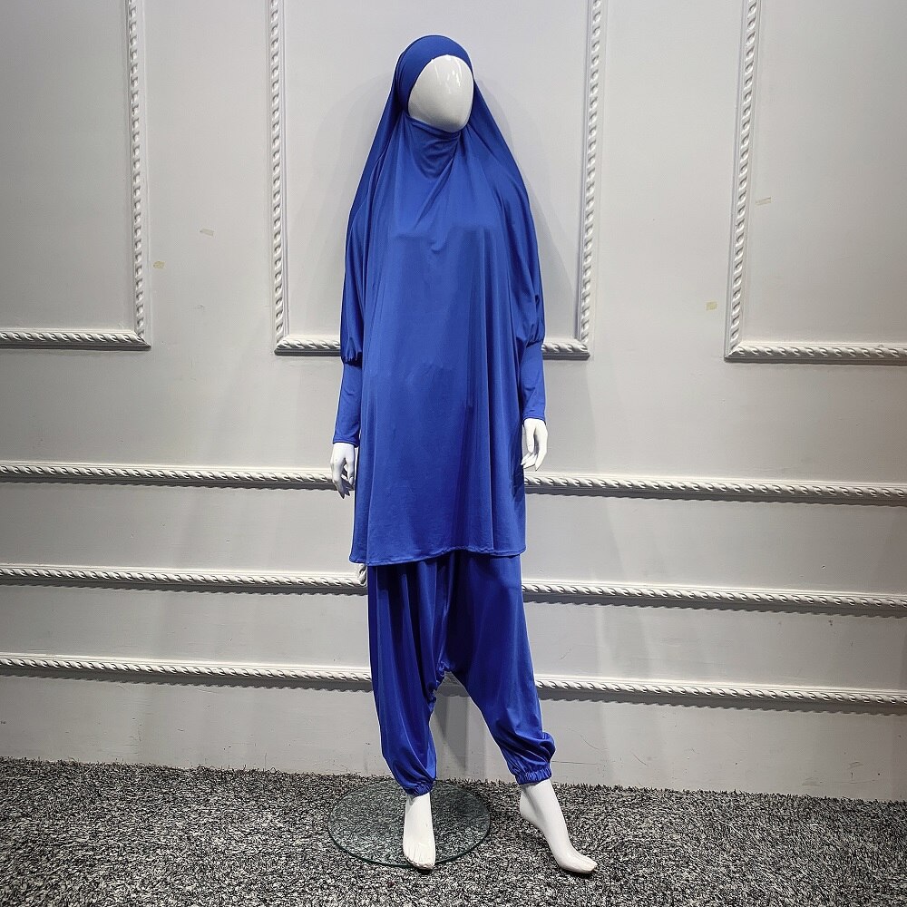 2 sztuka zestaw modlitwa odzież pełna pokrywa sukienka Abaya Eid Ramadan muzułmański islamski długi Khimar Jilbab szaty kobiety workowate spodnie haremki: Royal Blue