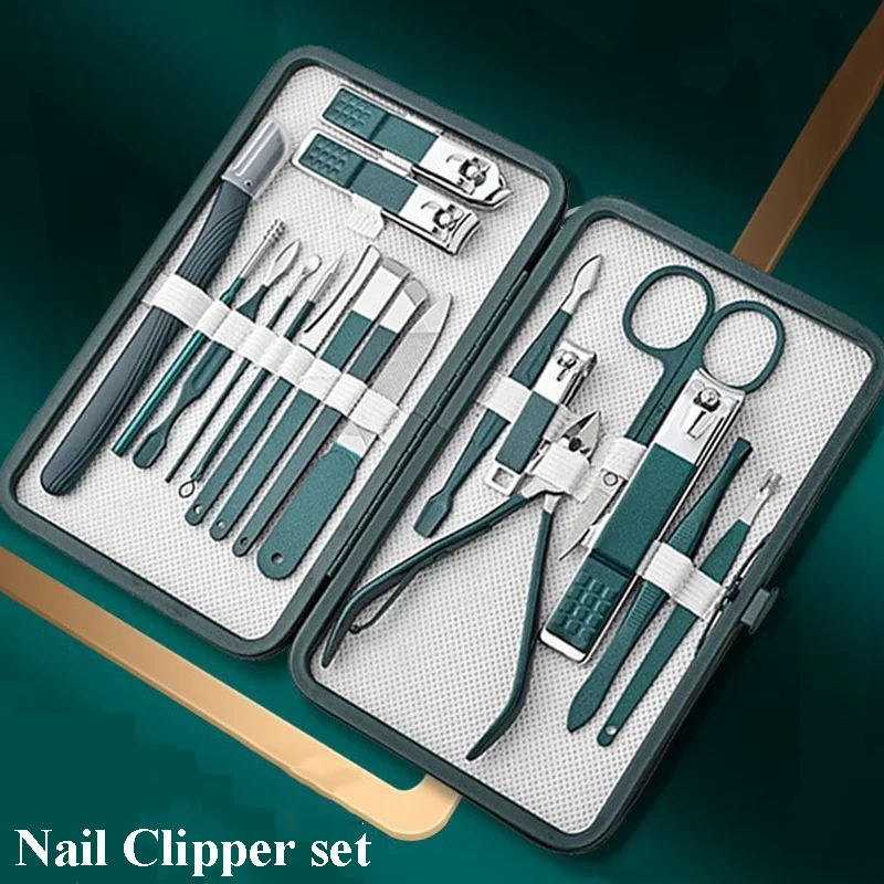 juego de cortaúñas de acero inoxidable con Estuche De Viaje de cuero, juego de herramientas de aseo verde para manicura, herramienta para el cuidado de los pies en el hogar