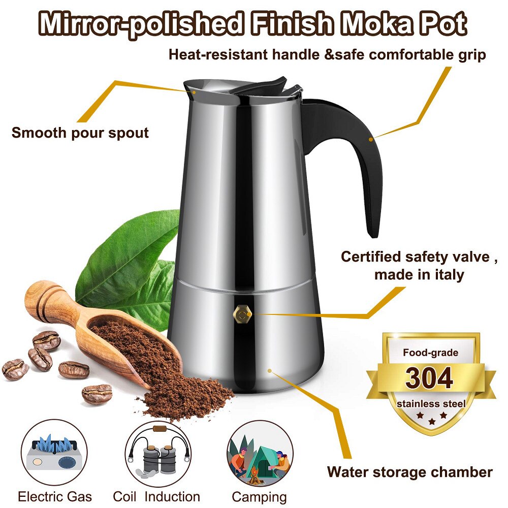 Moka Coffee Pot Espresso Latte Percolator Stove Coffee Maker Espresso Pot Italian Coffee Machine 200/300/450ml Stainless Steel