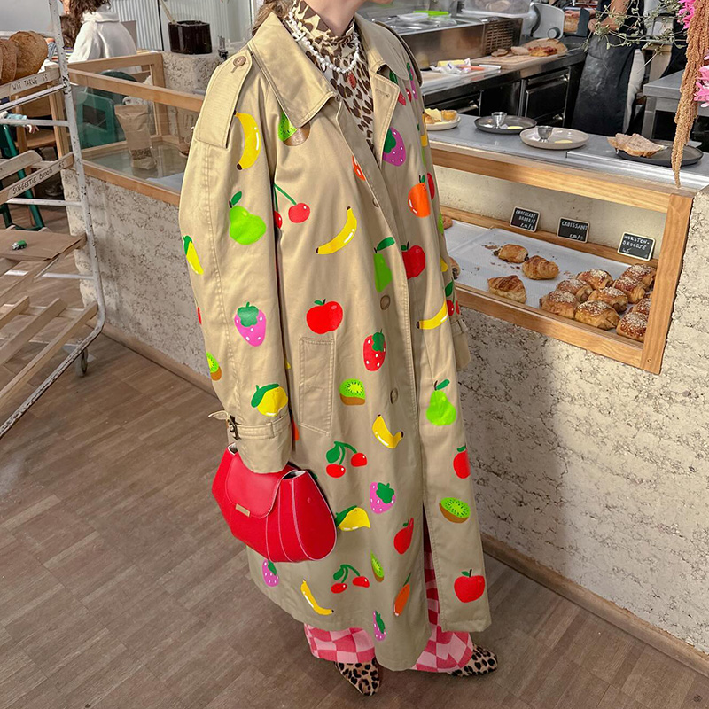 Höst vinter lång jacka frukttryck långärmad trenchcoat nischknapp varm överrock high street dam ytterkläder