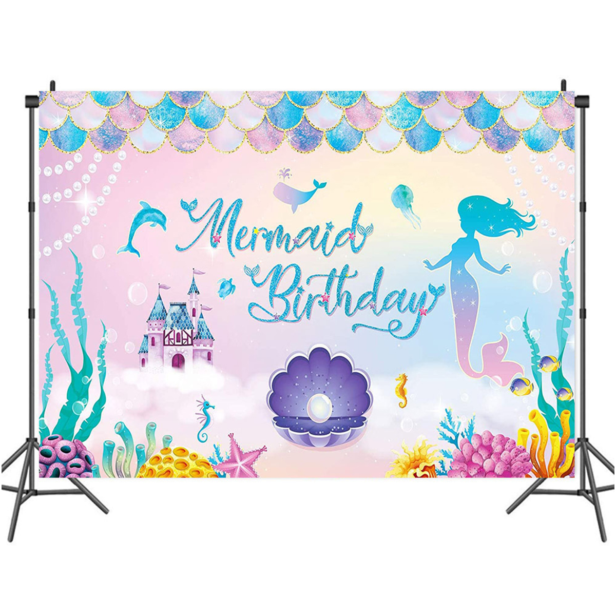 Mermaid Birthday Theme Background Banner Under The Sea 1st Happy Birthday Party Decor Kids Girls Garlands Ocean Babyshower Favor