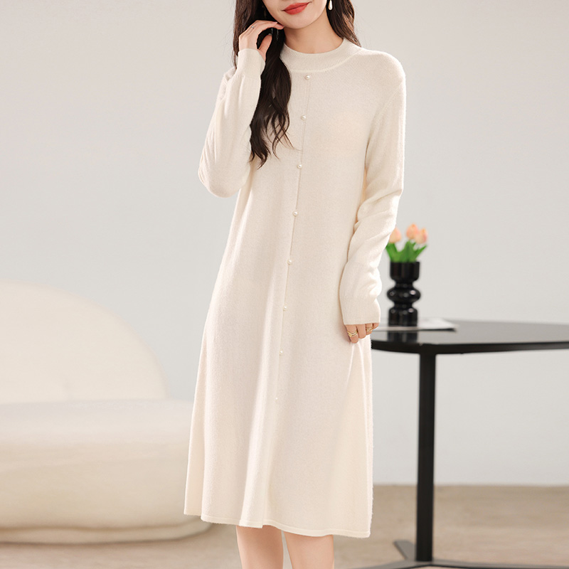 Herbst und Winter Damen kleid 100% Merinowolle Rundhals ausschnitt Langrock Perlen knopf Strick zur Seite fahren Kleid Damen kleid
