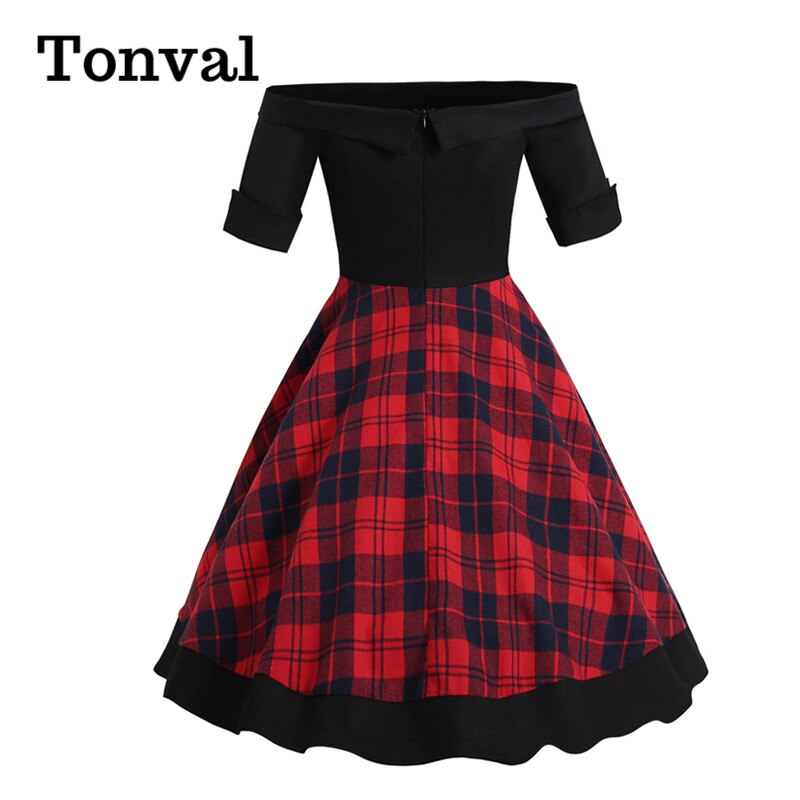 Tonval off shoulder plaid vintage rockabilly festkjole kvinder kortærmet bomuld retro swing kjoler efterår