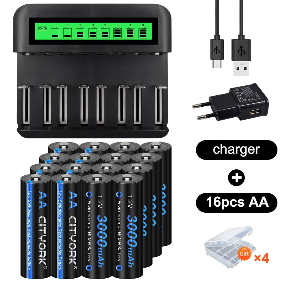 CITYORK AA 1,2 V 3000 mAh nimh oplaadbare batterij aa-batterijen + batterijlader voor 1,2 V AA/AAA C/D oplaadbare batterij: WHITE