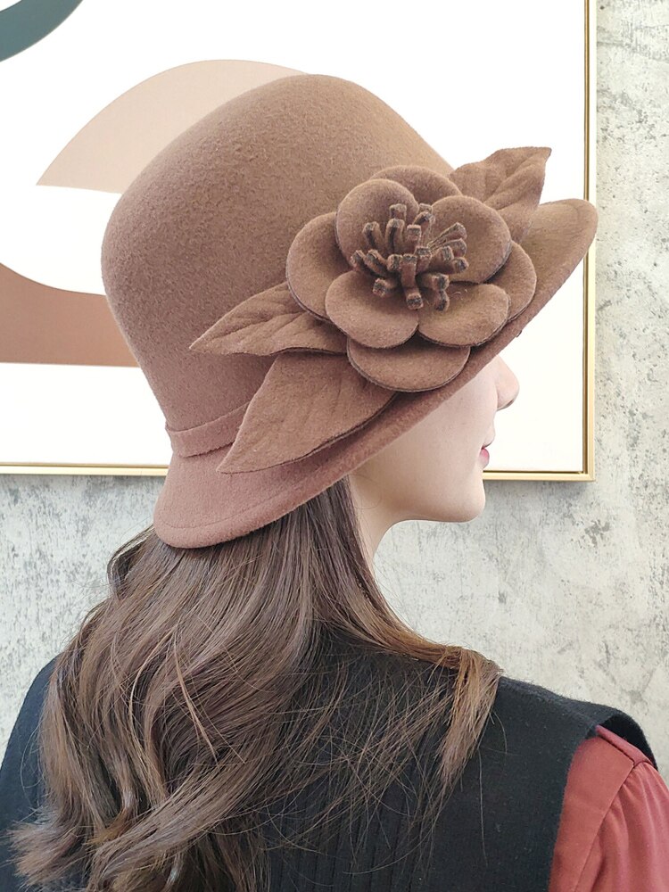 Chapeau Fedora en laine pour femmes, chapeau seau à fleurs texturées, , en forme de dôme, à la , automne hiver