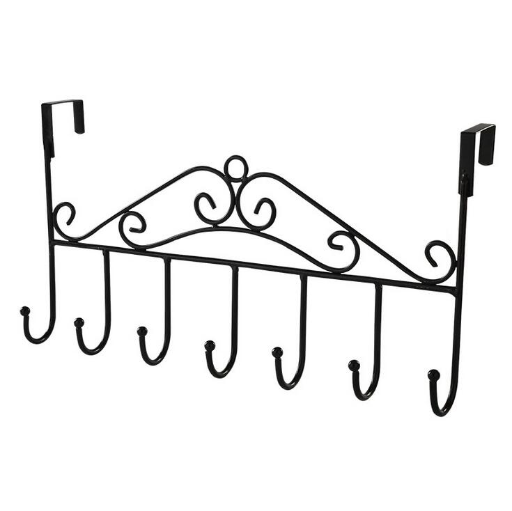 7-Hook over door hanger Iron Art Bag Clothes Key Scarf Hanging Holder Bathroom Kitchen Home Back Door organizer: black