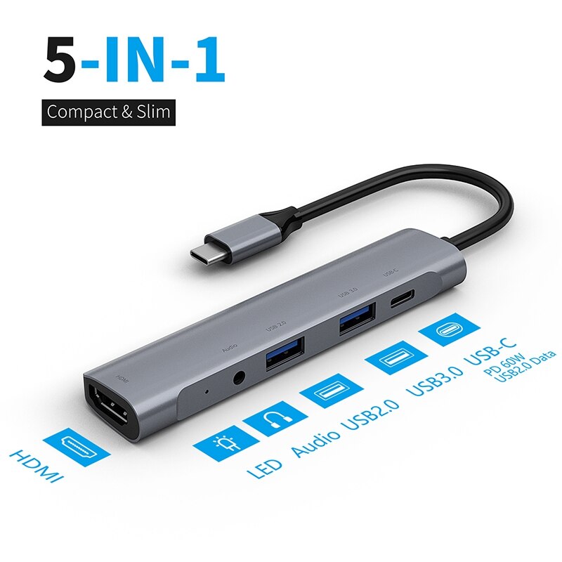 Usb c hub 5 in1 converter adapter met 4k hdmi usb c usb 3.0 -poorten  pd 60w oplaad-o-aansluiting voor pc pro