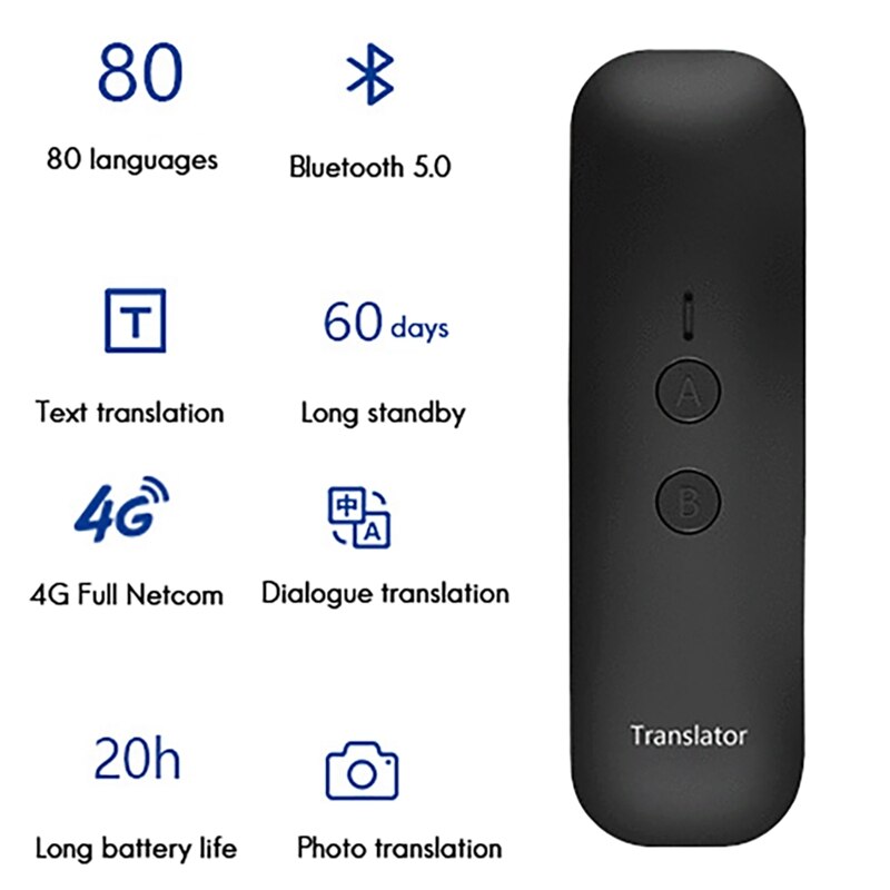 Smart Voice Translator Portable Bluetooth 5.0 Language Translator 80 Languages Standby 20Hours