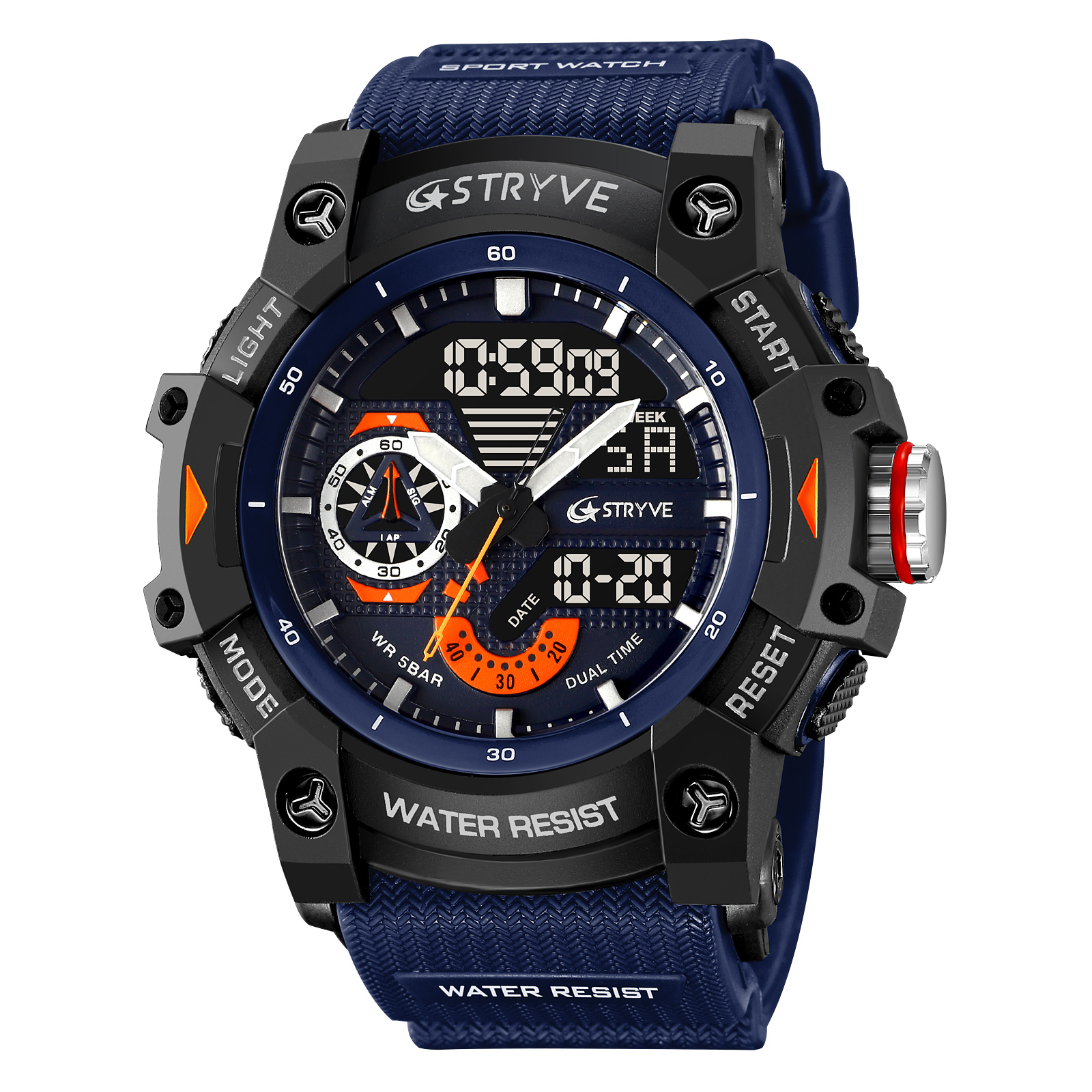 STRYVE Watch 8029 Popular Sports Men's Watch Good Analog-Digital Dual Movement Calendar Luminous Waterproof Watches: Gold