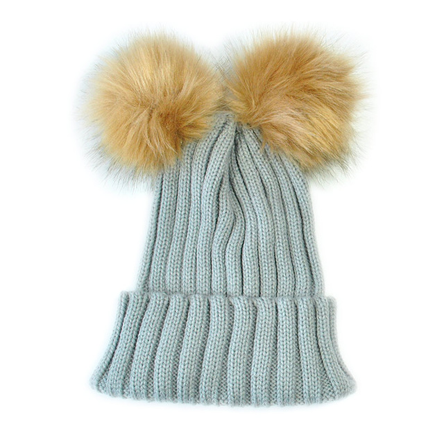 Baby børn voksne vinter varm beanie dobbelt pels pom bobble strikket hat cap: Lysegrå