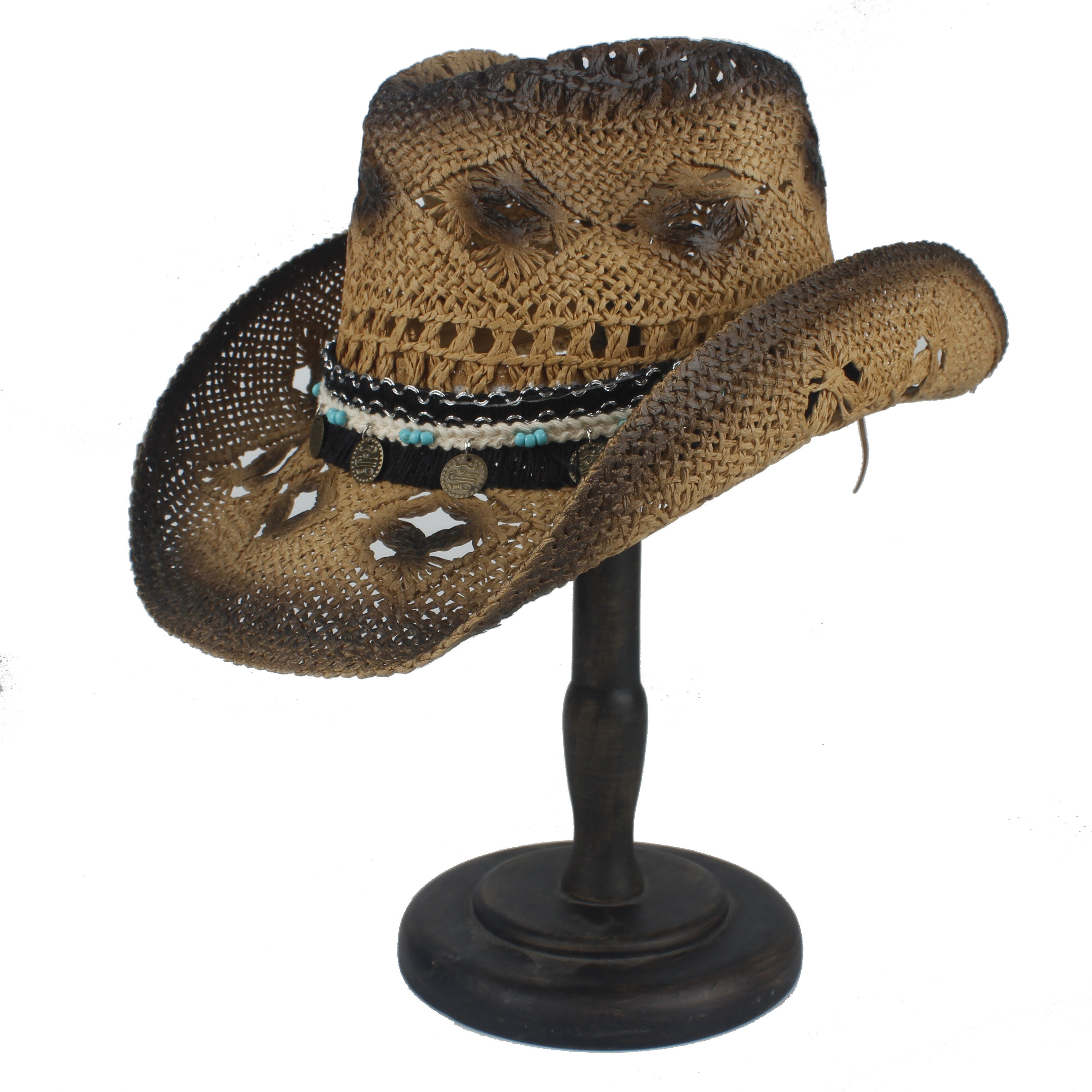 Handmade Böhmen Quaste Frauen Stroh Hohl Western Cowboy Hut Dame Sombrero Hombre Strand Cowgirl Jazz Sonnenhut Größe 56- 58 CM