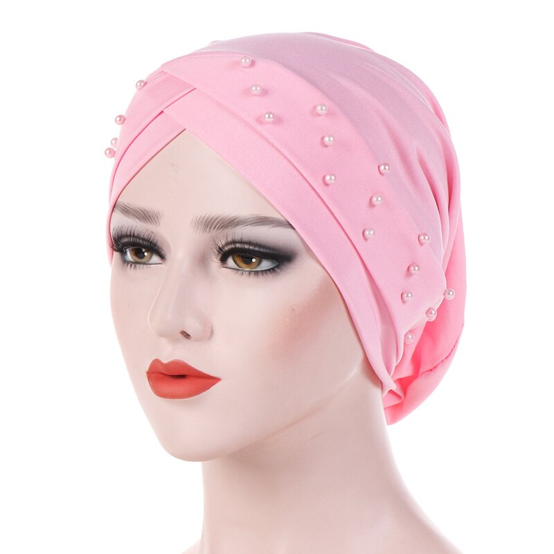 cotton solid folds pearl muslim turban scarf women islamic inner caps Arab wrap head femme musulman turbante mujer: Pink